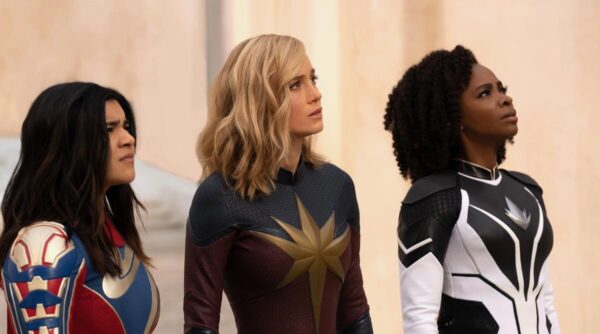 Iman Vellani as Kamala Khan, Brie Larson as Carol Danvers, and Teyonah Parris as Monica Rambeau in The Marvels | Agents of Fandom